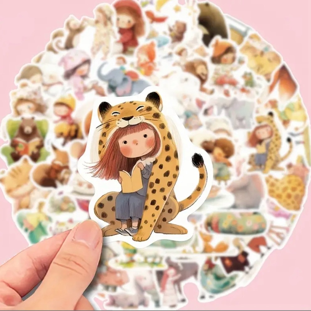 Set of 50 Whimsical Children Playing with Animals Stickers